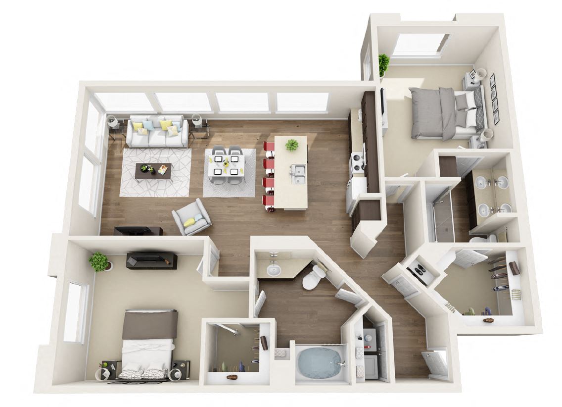 Floor plan for 2 beds, 2 baths, 1374 sqft